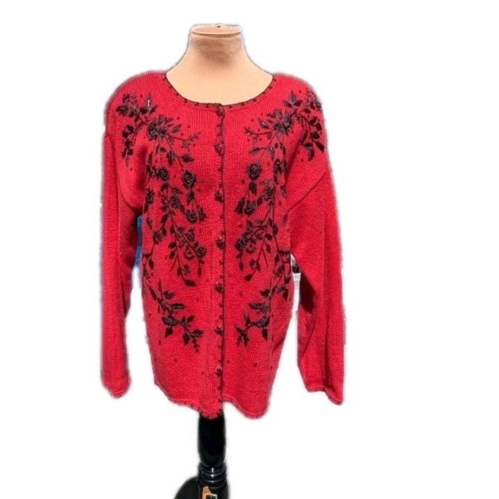 Vintage Red Floral Embroidered Beaded Cardigan Sweater Women's Med Cottagecore